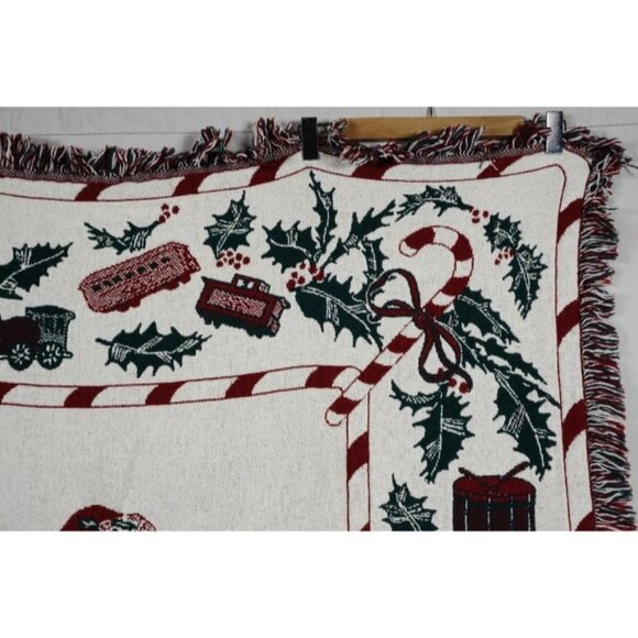 Vintage 1990 MWW Christmas Throw Tapestry Afghan Blanket Santa Holly - Picture 3 of 10